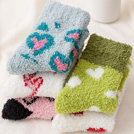 5 pairs - Warm Winter Socks - Plush Socks - House Socks - Non-slip Socks - Fluffy Socks - Fuzzy Slipper Socks - Sleep Socks - Coral Fleece Sleep Socks - Soft Bed Socks for Women - For Cold Nights - Cute Cat and Heart Pattern