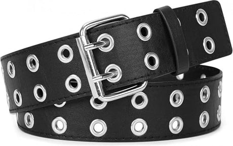 Women's Belt - Waist Belt - Ladies Leather Belts - PU Leather Punk Belt - Dress Accessory - Fashion - 110*3.8cm - Black - Double Grommet Belt with Buckle