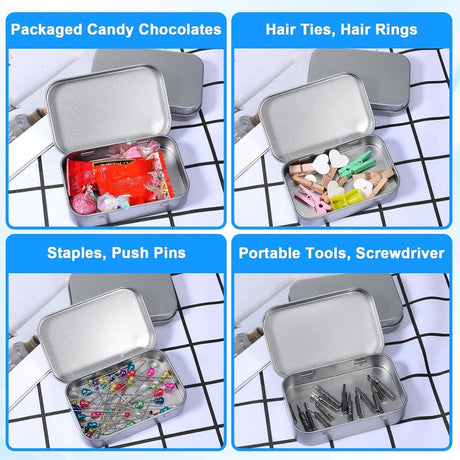Mini Tin Cans - Pack of 3 - Storage Box - Metal - Hinged Tin Can - With Lid - Rectangular Tin Can - Mini Portable Box - Suitable for Home, Office, Outings and Travel - 95x60x20mm - Silver