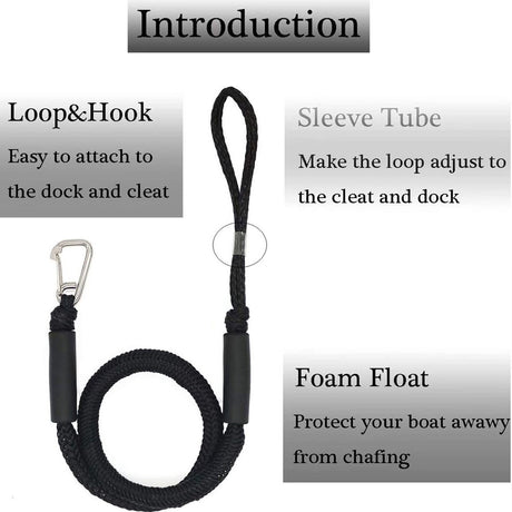 Mooring Rope Boat Equipment - 2 Pieces - Extendable 1.2 - 1.7M - Mooring Rope for Boats - Black - Mooring Rope - Boat Rope - Boat Accessories for Boats Dock - Dock Line with Hooks - For Boats, Kayaks, Jet Skis, Pontoons, Canoes
