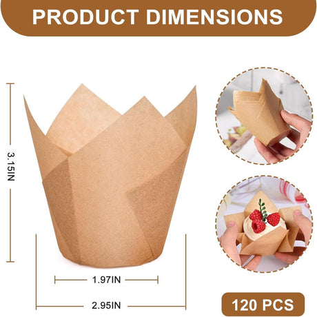 Set of 120 Paper Muffin Cups - Tulip Design - Food Grade Baking Paper - Non-Stick - High Temperature Resistant - For Wedding, Kids Birthday Party Supplies