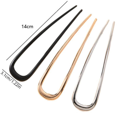 U-Shaped Hairpin - 3 Pieces - Hair Pin - Metal - U-Shaped Large Hairpins - Hair Jewelry - Elegant Updo Chignon Pins - Updo Hair Sticks - For Women - 14cm - Gold/Silver/Black