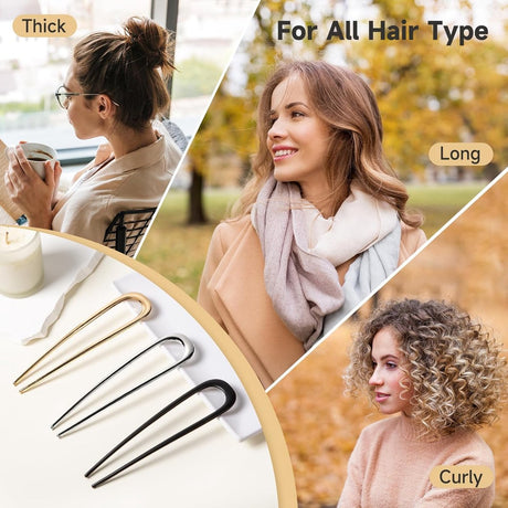 U-Shaped Hairpin - 3 Pieces - Hair Pin - Metal - U-Shaped Large Hairpins - Hair Jewelry - Elegant Updo Chignon Pins - Updo Hair Sticks - For Women - 14cm - Gold/Silver/Black