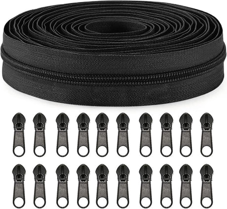Zippers - 1 Roll - Zipper - Includes 20 Replacement Zippers - Nylon - Metal - Replacement Zipper Set - Zipper Closure Repair Kit - Suitable for Bags, Clothing and Bedding - 10m*2.7cm - Black