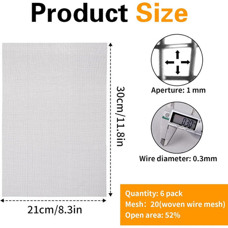 Sieve metal - 6 pieces - 30 x 21 cm - Insect net - 20 mesh - Fine mesh - Metal mesh - Insect mesh - Mouse mesh - Silver - Stainless steel - For cages, ventilation openings, gardens, window screens and filters