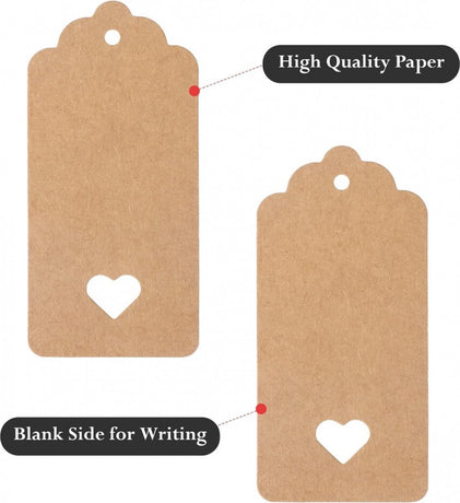 100x Kraft Cardboard Labels - With 100 Jute Rope - Gift Tags - 9.5 x 4.5 CM - Heart - Writable - Cardboard Gift Labels - Kraft Paper Name Tags - Blank Price Tags - Gift Tags - Multifunctional Label - Thick & Sturdy