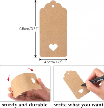 100x Kraft Cardboard Labels - With 100 Jute Rope - Gift Tags - 9.5 x 4.5 CM - Heart - Writable - Cardboard Gift Labels - Kraft Paper Name Tags - Blank Price Tags - Gift Tags - Multifunctional Label - Thick & Sturdy