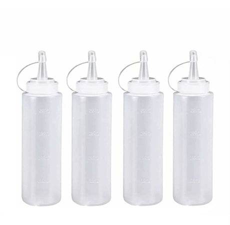 4 pieces - 200 ml - Dosing bottle - Squeeze bottle - Sauce bottle - Garnish bottle - Plastic - White - with spout cap - Leak-proof lids - With check marks - For garnish, sauce or batter