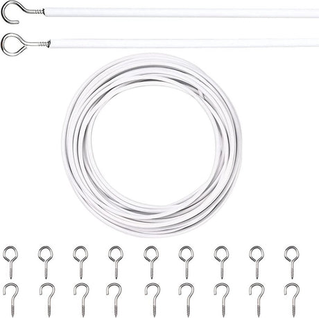 Curtain spiral wire - 10M - Curtain cable - with screw eyes and hooks - 25 sheep eye circles and 25 question mark nails - Spiral wire set - curtain cable line for clothing - Tension spring - white - Metal - for curtain rods, curtains, shower curtains