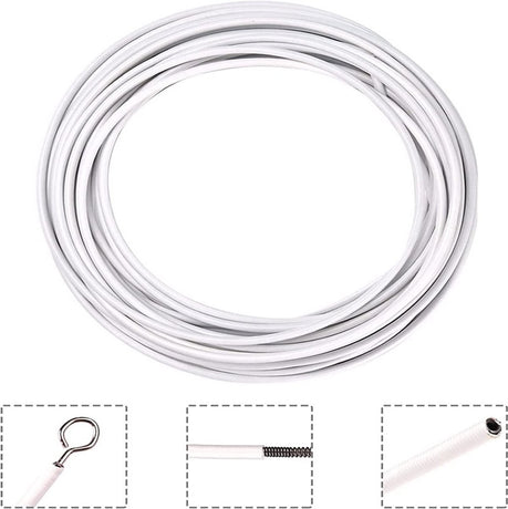 Curtain spiral wire - 10M - Curtain cable - with screw eyes and hooks - 25 sheep eye circles and 25 question mark nails - Spiral wire set - curtain cable line for clothing - Tension spring - white - Metal - for curtain rods, curtains, shower curtains