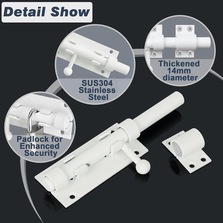 Sliding lock - Sliding lock - Sliding bolt - Gate bolt - Door lock - Bolt - Door bolt - Door lock - Plate bolt - 5 inch - Stainless steel - white - for shed gate storage, garden house door, cupboard