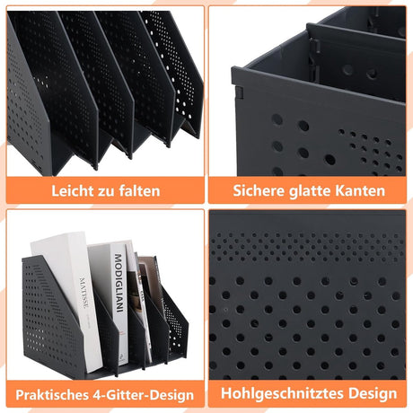 Magazine cassette - 4 compartments - A4 format - desk organizer - Magazine holder - Magazine rack - Newspaper holder - Magazine rack - Magazine holder - Magazine rack - 330 x 255 x 243 mm - Dark gray - foldable - plastic