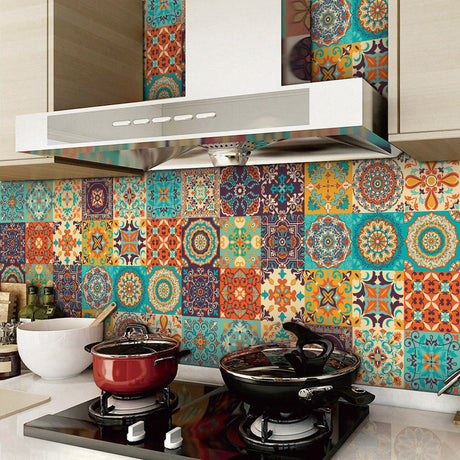 24 pieces - Self-adhesive adhesive foil tile stickers - Decorative sticker tiles - Self-adhesive tiles - Sticktiles - Bathroom - Kitchen - 15x15 cm - Retro Mandala - PVC - Colorful
