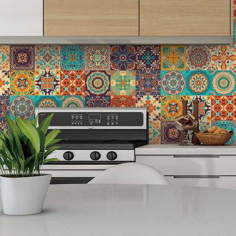 24 pieces - Self-adhesive adhesive foil tile stickers - Decorative sticker tiles - Self-adhesive tiles - Sticktiles - Bathroom - Kitchen - 15x15 cm - Retro Mandala - PVC - Colorful