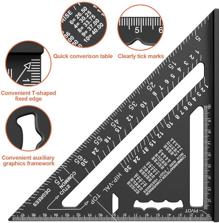 180mm Carpenter's Angle - Aluminum Ruler - Triangular Carpenter's Angle 45/90 Degrees - Carpenter's Square - High Precision Measuring Tool - For Carpenter, Roofer, Engineer - Black