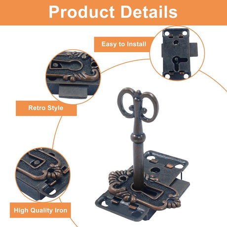 4 Pieces - Furniture Lock - Iron - 53*27 mm - Red Bronze - With Key and Screws - Furniture Locks - Safety Cabinet Lock - Drawer Lock - Lock with Key - For Furniture, Cabinet and Drawer