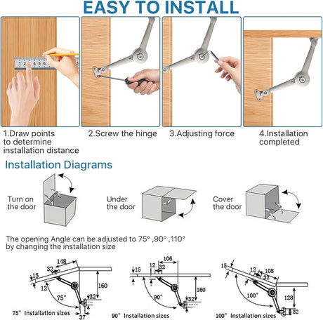 2 pieces - Flap hinge - Kitchen cabinet hinge - Furniture hinge - Overlay hinge - with brake - With screws and Allen key - zinc alloy - nickel plated - max. weight support 10kg