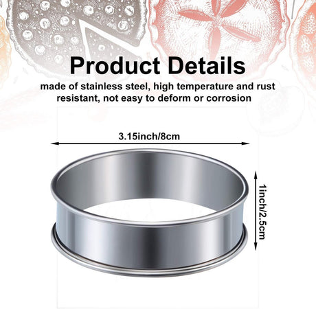 Muffin Rings - 6 Pieces - Cake Rings - Stainless Steel - Round - Non-Stick - Double Curled Edge - Scone Rings - Mousse Ring Cake Mold - Cake Rings - Baking Molds - Suitable for Cakes, Pastries, Cookies and Sandwiches - 8.5*2.5cm - Silver
