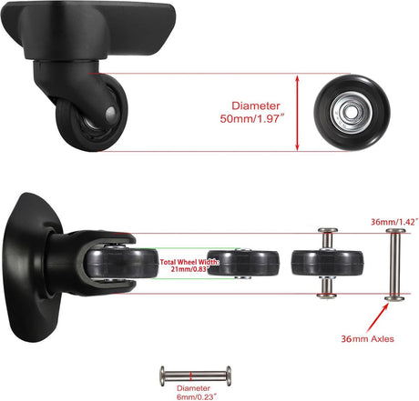 Set of 2 - Suitcase wheels - Replacement wheels for suitcases - Rubber casters - Bearings - Repair kits - 50mm x 18mm - Spare wheels - Suitcase - Casters - Luggage wheels - With screws - Wheels - Caster wheel - Suitcase wheels replacement set