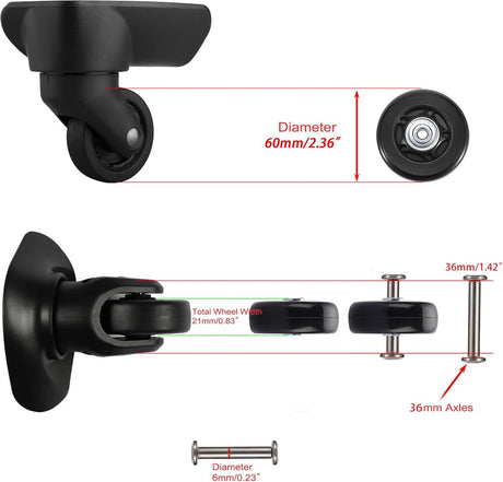 Set of 2 - Suitcase wheels - Replacement wheels for suitcases - Rubber casters - Bearings - Repair kits - 60mm x 18mm - Spare wheels - Suitcase - Casters - Luggage wheels - With screws - Wheels - Caster wheel - Suitcase wheels replacement set