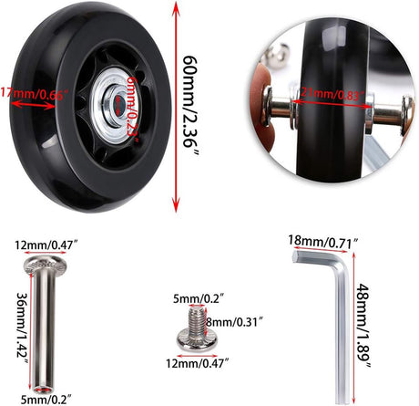 Set of 2 - Suitcase wheels - Replacement wheels for suitcases - Rubber casters - Bearings - Repair kits - 60mm x 18mm - Spare wheels - Suitcase - Casters - Luggage wheels - With screws - Wheels - Caster wheel - Suitcase wheels replacement set