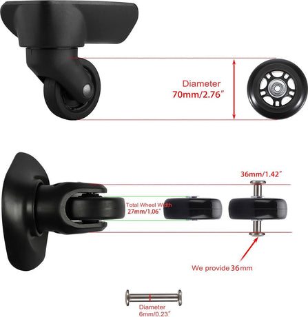 Set of 2 - Suitcase wheels - Replacement wheels for suitcases - Rubber casters - Bearings - Repair kits - 70mm x 24mm - Spare wheels - Suitcase - Casters - Luggage wheels - With screws - Wheels - Caster wheel - Suitcase wheels replacement set