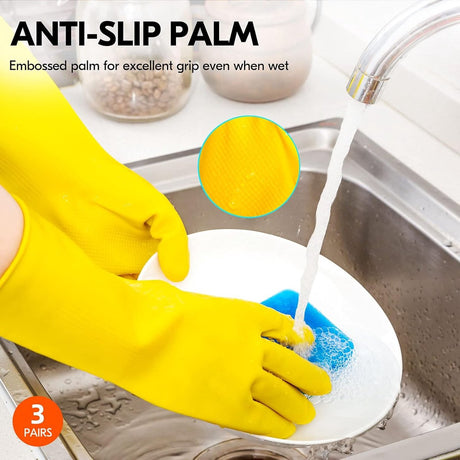 Cleaning gloves - size S - 3 pairs - waterproof rubber gloves - Household gloves - Yellow - Reusable - rubber - dishwashing gloves - Non-slip