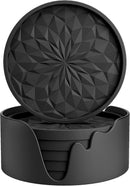 Coasters with Holder - 6 pieces - Coasters for Glasses - Glass Coasters for the Table - Coasters - Silicone - Non-slip - Black - Round - Raised edges to prevent spills - Coasters for hot or cold drinks to protect table tops