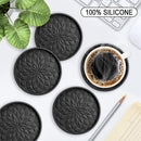Coasters with Holder - 6 pieces - Coasters for Glasses - Glass Coasters for the Table - Coasters - Silicone - Non-slip - Black - Round - Raised edges to prevent spills - Coasters for hot or cold drinks to protect table tops
