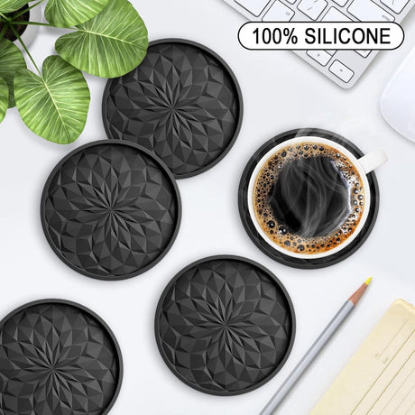 Coasters with Holder - 6 pieces - Coasters for Glasses - Glass Coasters for the Table - Coasters - Silicone - Non-slip - Black - Round - Raised edges to prevent spills - Coasters for hot or cold drinks to protect table tops