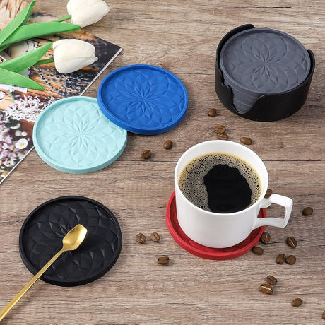 Coasters with Holder - 6 pieces - Coasters for Glasses - Glass Coasters for the Table - Coasters - Silicone - Non-slip - Black - Round - Raised edges to prevent spills - Coasters for hot or cold drinks to protect table tops