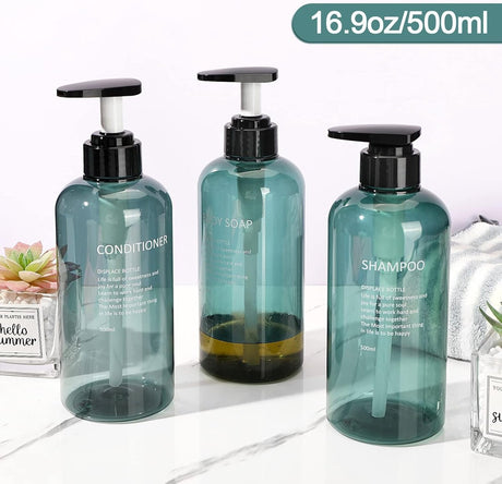 Soap dispenser - 3 pieces - Empty travel bottles - shampoo conditioner, shower gel dispenser - pump dispenser - empty bottles - 500 ml - blue - plastic - refillable - with labels - for travel and bathroom