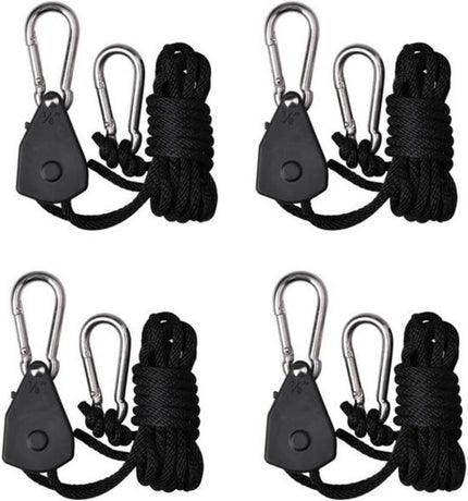 4 pieces/2 pairs - Rope ratchet - ratchet - internal gear ratchet - tow hook with carabiner - Rope ratchet hanger set - lifting device - 2m long - 150 lbs - black - for indoor plants, lighting and ventilation