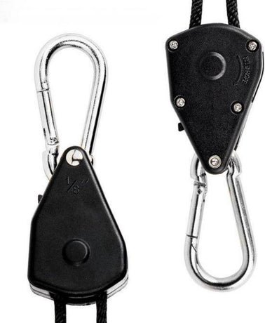 4 pieces/2 pairs - Rope ratchet - ratchet - internal gear ratchet - tow hook with carabiner - Rope ratchet hanger set - lifting device - 2m long - 150 lbs - black - for indoor plants, lighting and ventilation