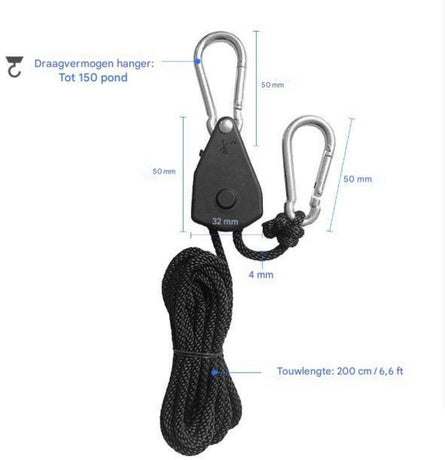 4 pieces/2 pairs - Rope ratchet - ratchet - internal gear ratchet - tow hook with carabiner - Rope ratchet hanger set - lifting device - 2m long - 150 lbs - black - for indoor plants, lighting and ventilation