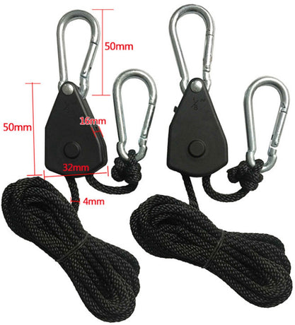 4 pieces/2 pairs - Rope ratchet - ratchet - internal gear ratchet - tow hook with carabiner - Rope ratchet hanger set - lifting device - 2m long - 150 lbs - black - for indoor plants, lighting and ventilation