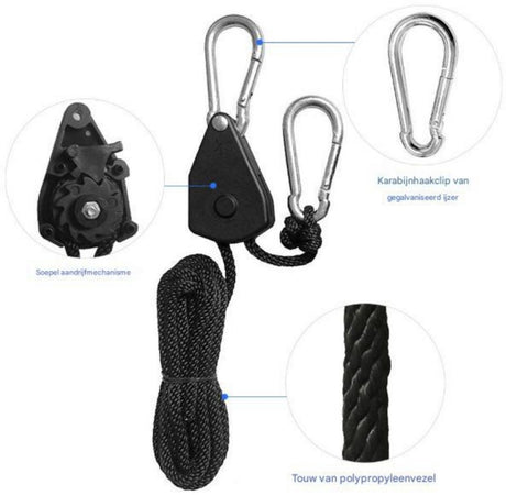 4 pieces/2 pairs - Rope ratchet - ratchet - internal gear ratchet - tow hook with carabiner - Rope ratchet hanger set - lifting device - 2m long - 150 lbs - black - for indoor plants, lighting and ventilation
