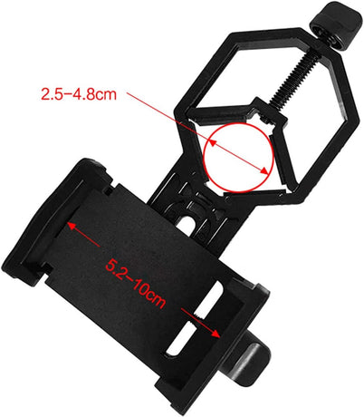 Universal Phone Holder for Telescope - For Eyepiece Diameter Ø 2.5 - 4.8cm - Mobile Phone Adapter Mount - Clip-on Design - For Spotter's Binoculars / Telescope - Adjustable - Black - ABS and Aluminum Alloy