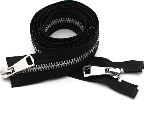 Zipper - Pack of 2 - Two-way zipper - Double slider - Divisible - Silver teeth - Black, silver - No. 5 70 cm - For jackets and coats