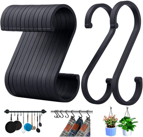 12 pieces - Hanging hooks - S hooks - 85mm - Metal - for hanging pots and pans, plants, coffee cups, clothes - black - for towels in the kitchen, bedroom, bathroom, office and garden
