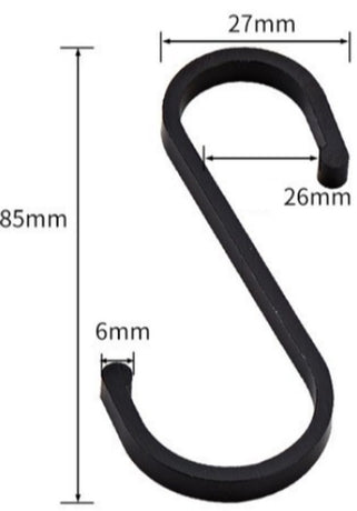 12 pieces - Hanging hooks - S hooks - 85mm - Metal - for hanging pots and pans, plants, coffee cups, clothes - black - for towels in the kitchen, bedroom, bathroom, office and garden