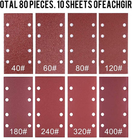 80 pieces - Sanding sheets - Sandpaper set - 40/60/80/120/180/240/320/400 grit - rectangular flocked sandpaper - 8 holes - red - 185*93mm