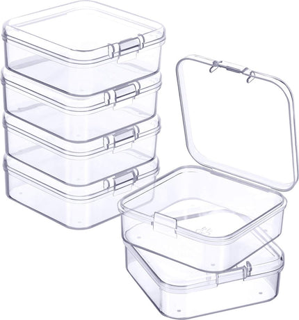 6 Pieces - Small Clear Plastic Storage Box Containers with Hinged Lids - L 5.5 x W 5.5 x H 2cm - Mini Boxes for Pills, Beads, Jewelry & Hobby Items - Stackable Mini Tubs - Transparent