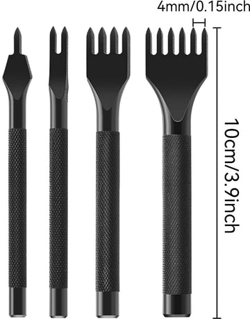4 Pieces - Leather Punch - 4mm - 1/2/4/6 Claw - Black - Steel - Length 10cm - Hole Punch - Hole Punch - Leather Needles - Leather Punching Tool - Non-Slip Handle - For Belt and DIY Crafts