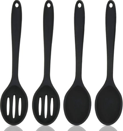Cooking Spoon - 4 Pieces - Stirring Spoon - Silicone - Spoon - Sauce Spoon - Serving Spoon - Serving Spoon - Heat Resistant - Kitchen Tool - Non-Stick Coating - Kitchen Utensils - Suitable for Kitchens and Dining Rooms - 20.3*4.5 cm - Black