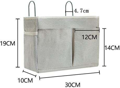 Hanging Basket - Bag Organizer - Bed Bag Holder - Storage Bags - Bed Organizer - Hanging Storage Bags - Dorm Organizer - 30*10*19 cm - Off-White - with 4 Pockets and 2 Hooks - Canvas - for Bunk Bed, Hospital Bed, Dorm, Camping
