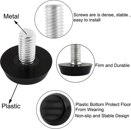 16 pieces Adjustable Furniture Feet - Leveling Pad Base Leg - Table Leg Chair - Adjustable Floor Protection - M6 x 10 x 20 mm - Leveling Leg - Furniture Coaster - Black / Silver - Plastic - Stainless Steel - Leveling Feet - Felt Pads - Floor Protectors -