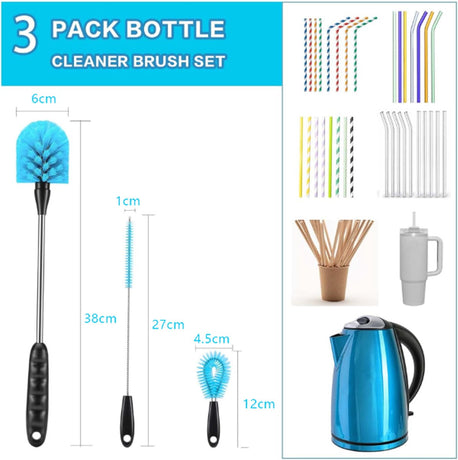 Bottle Brush - 3 Pieces - Bottle Brush - Cleaning Brush - Multifunctional Brushes - Long Bottle Brush - Scratch and BPA Free - Blue - Bottle Feeding Accessories