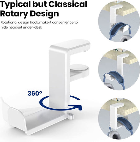 Headset Holder - Headphone Hook - Headphone Stand - Headset Hanger - 11.43 * 10.16 * 4cm - Plastic - White - Adjustable - Rotating Arm Clamp - Non-slip - Headphone Holder for Under Desk