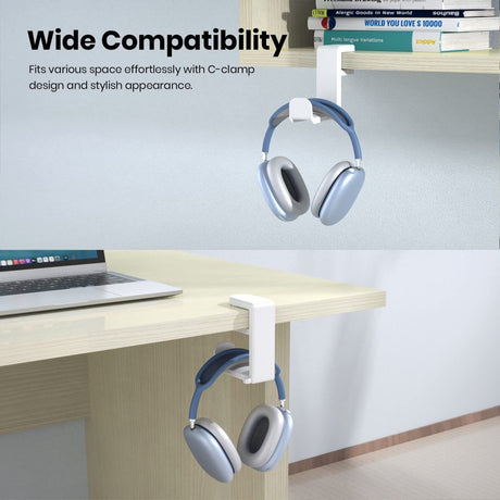 Headset Holder - Headphone Hook - Headphone Stand - Headset Hanger - 11.43 * 10.16 * 4cm - Plastic - White - Adjustable - Rotating Arm Clamp - Non-slip - Headphone Holder for Under Desk